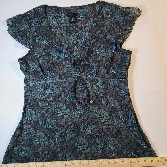 Calvin Klein Jeans Babydoll Blouse M Green Purple Floral V-Neck Tie Waist - Picture 3 of 10